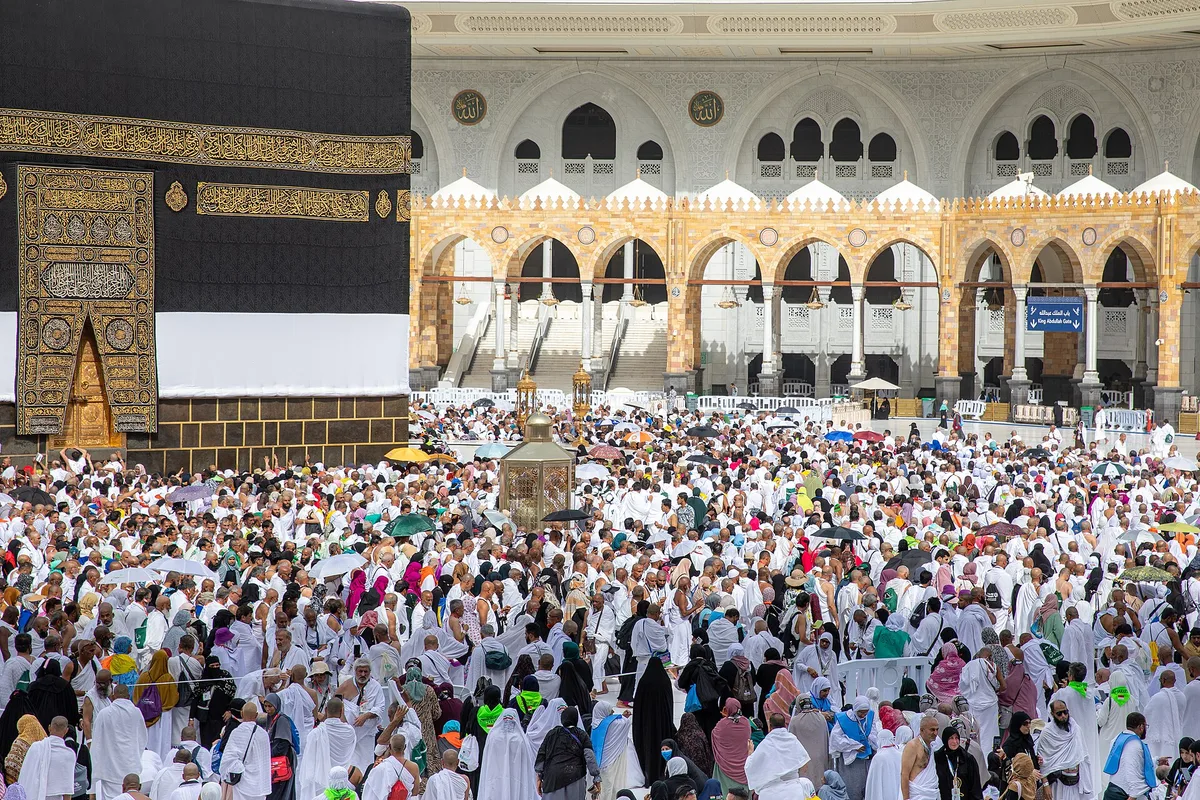Pilgrims around the Kaaba at Masjid al-Haram in Mecca