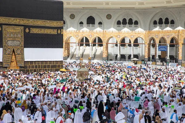 Pilgrims around the Kaaba at Masjid al-Haram in Mecca