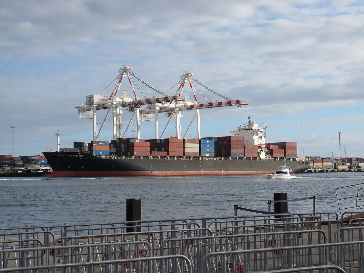 A container ship leaving port
